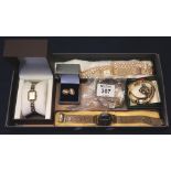 Box of assorted costume jewellery, dress watches, cameo earrings, simulated pearls,