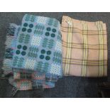 Blue ground Welsh tapestry vintage fringed blanket and a vintage woollen check blanket. (2) (B.P.