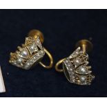 A pair of 9ct gold seed pearl set crown earrings (B.P. 24% incl.