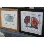 Four small animal watercolours by Peter Barrett to include; 'Dusky Titi' and Red Vakari',