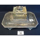 Silver plated presentation inkstand with large glass inkwell and presentation inscription dated