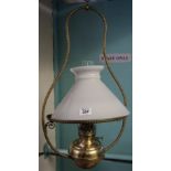 Early 20th century double oil burner brass hanging lamp with opaline glass shade. (B.P. 24% incl.
