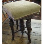 Late Victorian mahogany swivel piano stool on ring turned legs and splay legs. (B.P. 24% incl.