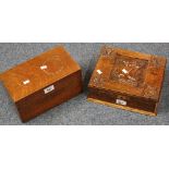 Carved oak box with inset maritime panel, together with an oak tea caddy lacking its interior.