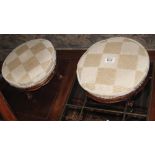 Pair of mahogany upholstered circular footstools with check design. (2) (B.P. 24% incl.