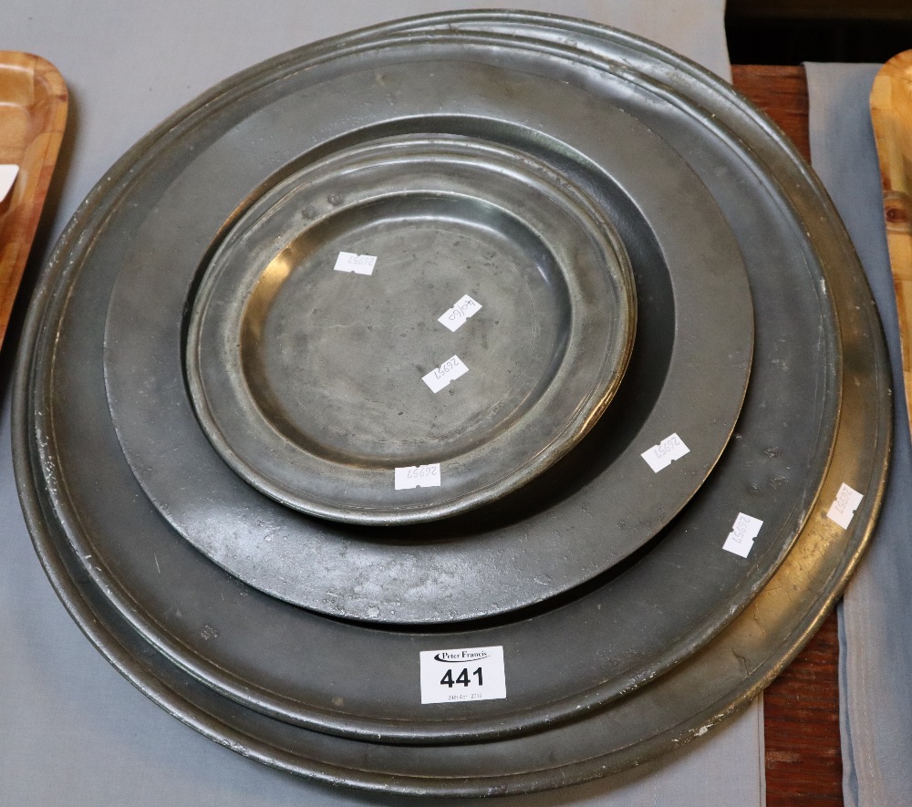 Collection of 18th Century pewter plates/chargers with London touch marks. (B.P. 24% incl.