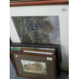 Group of assorted furnishing pictures including; watercolours, Hungarian watercolour lake scene etc.