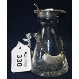 Small silver mounted conical glass water jug with silver label on chain engraved 'Whisky'. (B.P.