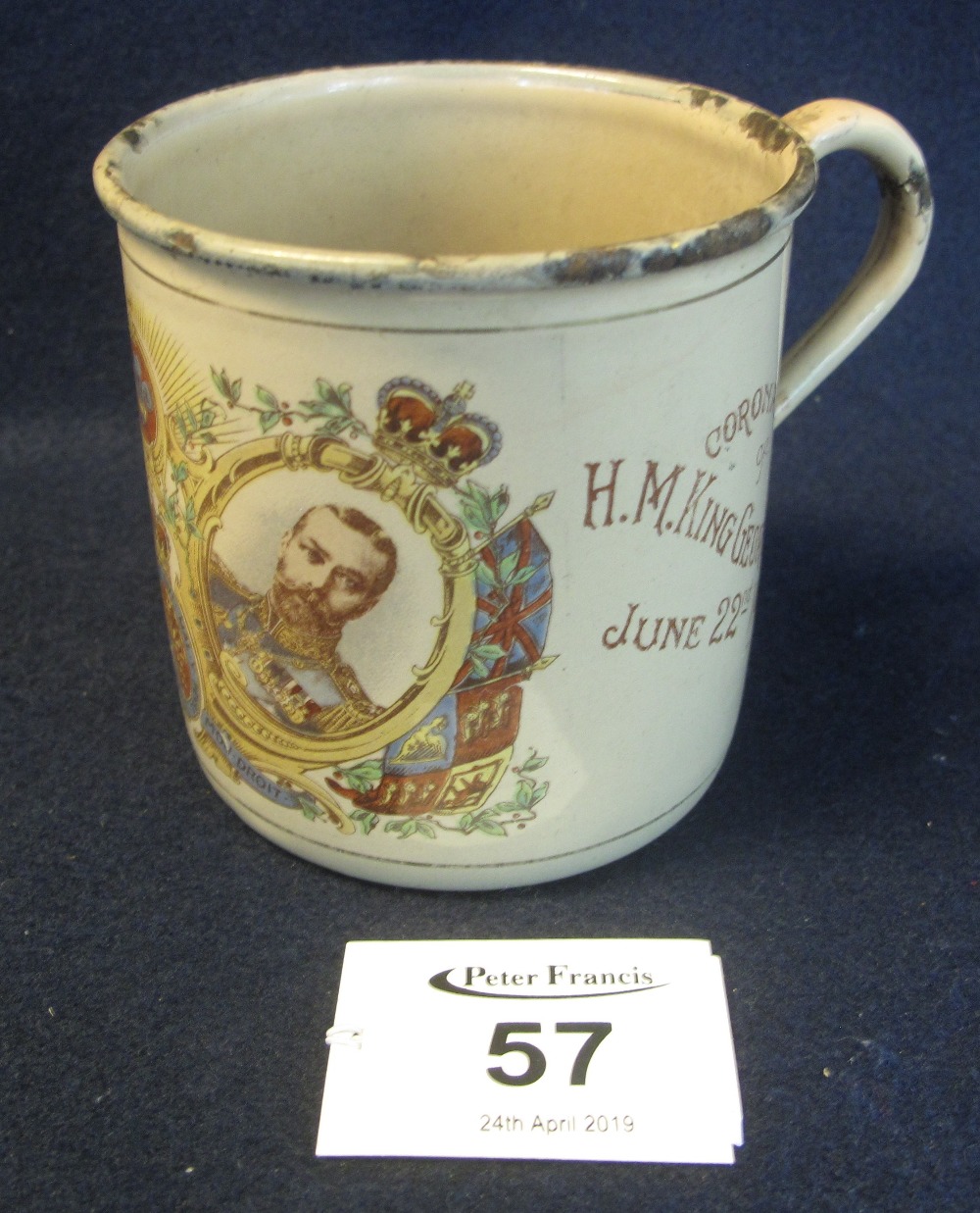 Enamel tin mug commemorating the coronation of His Majesty George V June 22nd 1911,