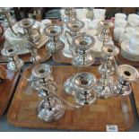 Two pairs of silver plated, three branch table candelabra. (B.P. 24% incl.