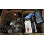 Two boxes of assorted glass and other items, to include porcelain and other tankards,