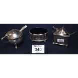 Three silver condiment items, two mustard pots and an open pierced oval salt. (3) (B.P. 24% incl.