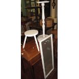 Three painted items of furniture to include; jardiniere stand, milking stool and bevelled mirror.