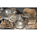 Box of assorted metalware to include pewter items and teaware, egg cruet set on stand,