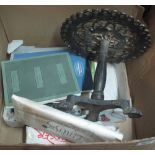 Box of assorted items to include; pierced cast metal miniature tripod table,