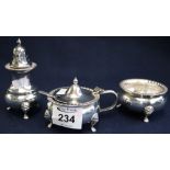 Silver three piece cruet set comprising; pepperette,