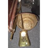 Three brass companion items to include; shovel and poker and tongs,