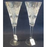 Pair of Waterford cut lead crystal glass conical large sized flute glasses on square section stems
