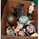 Box of assorted china, glass and metalware to include; modern oriental figurines,