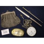 Bag of assorted silver and other items including; propelling pencil, mesh purse,