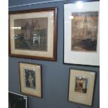 Four coloured and uncoloured etchings or engravings: three architectural studies and one portrait.