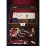 Leather covered jewellery box containing assorted costume jewellry, agate stone pin brooch,