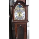 Modern mahogany long case clock marked 'Richard Broad, Bodmin, Cornwall', with weights and pendulum.