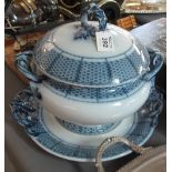 19th century Moore & co. Belvedre blue and white transfer printed tureen and cover on stand. (B.P.