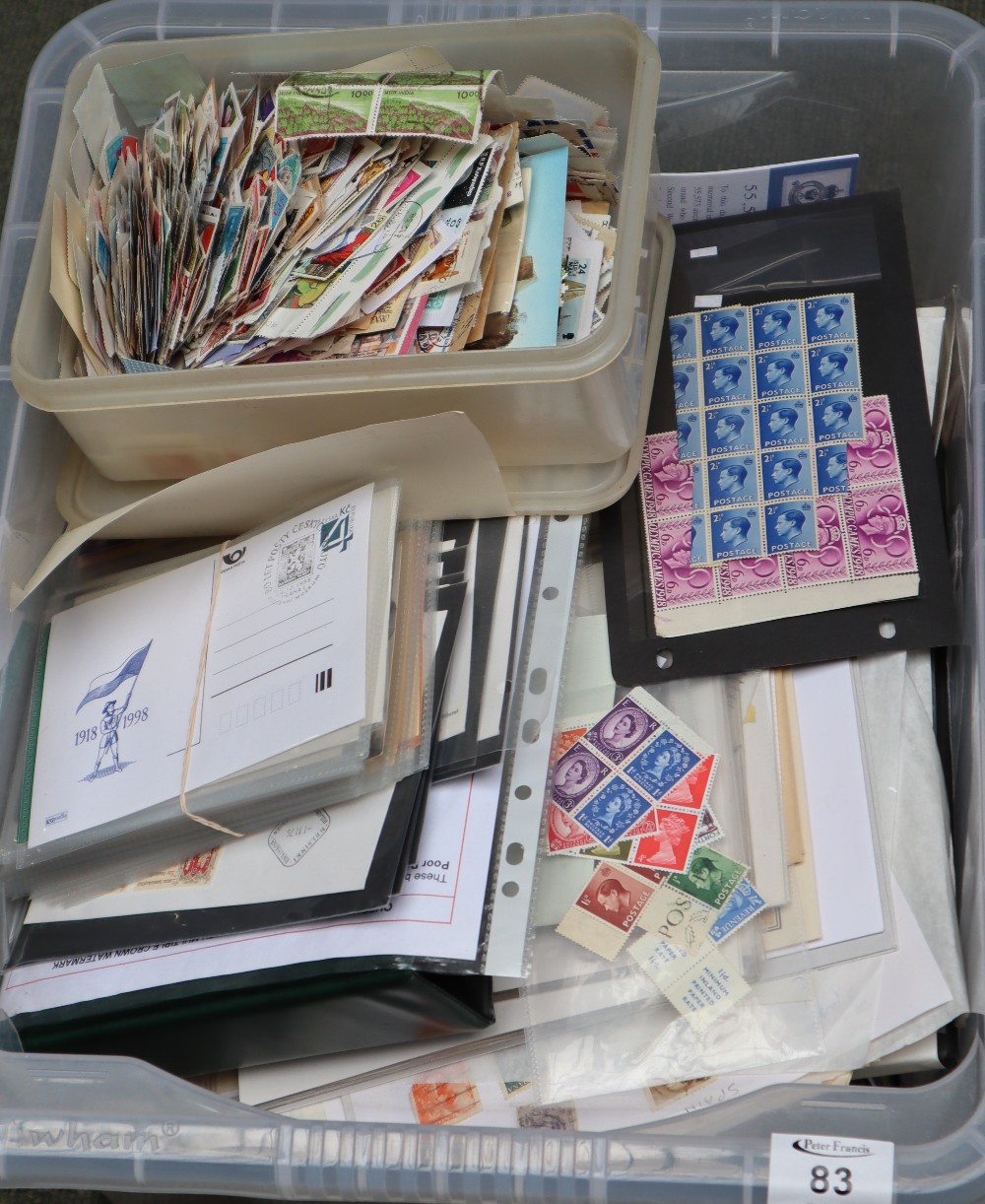 Large plastic box of all world stamps, first day covers, cards,