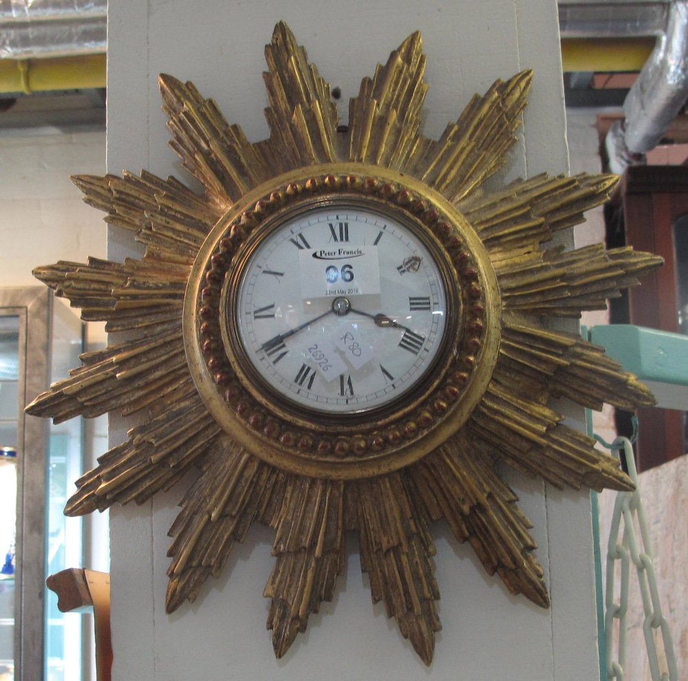 Early 20th century gilt wood sunburst clock having enamel Roman face and French brass back winding - Image 2 of 4