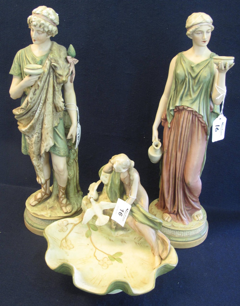 Three items of Royal Dux Bohemia porcelain to include two Grecian type figures together with an Art - Image 2 of 2