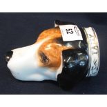 Large 19th century hounds head English porcelain stirrup cup overall painted features and gilded to