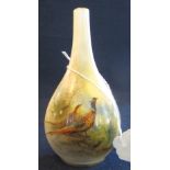 Royal Worcester porcelain bottle vase with hand painted decoration of two pheasants in a landscape,