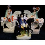 Three 19th century Staffordshire flat back figurines of figures on horse back including 'Dick