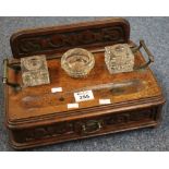 Late Victorian carved oak ink stand with glass inkwells and under drawer. (B.P. 24% incl.