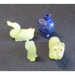 Collection of four oriental hardstone items to include dog, duck, snuff bottle and figure. (4) (B.P.