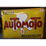 Irish single sided steel plate enameled advertising sign. 'Automoto Cycles and Motocycles'.
