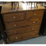 Modern narrow pine straight front chest with two short and three long drawers on bracket feet. (B.P.