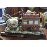 Italian ceramic model of a two horse-drawn tram, on wooden platform base. 48 cm long approx. (B.P.