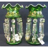 Pair of green glass vase lustres with gilded decorations,
