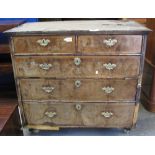 18th century walnut, straight front chest of two short and three long drawers. Water damaged.