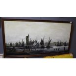Elliot, Dutch harbour scene with sailing barges, signed, oils on board. 51 x 102 cm approx. Framed.