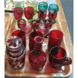 Tray of assorted coloured glassware to include liqueur glasses, tumblers, small decanter etc. (B.P.