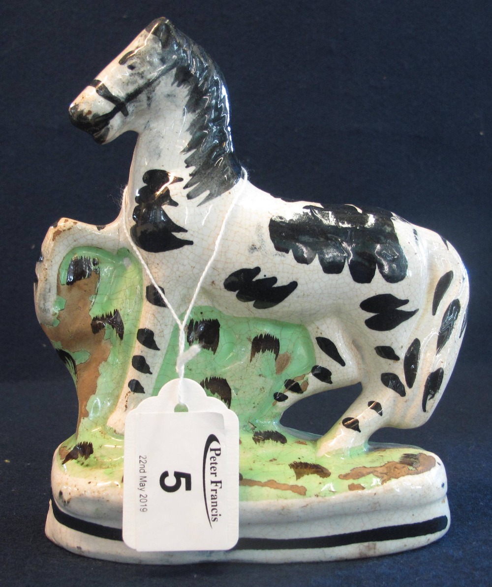Staffordshire pottery flat backed zebra 16 cm high. (2) (B.P. 24% incl.