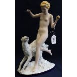 Royal Dux Bohemia figure group of a young girl with saluki type dog on oval base.