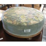 Victorian circular, foliate upholstered stool on bun feet. (B.P. 24% incl.