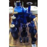Tray of Bristol Blue glass items to include: miniature chemist bottles, vases, beakers etc. (B.P.