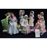 Six Royal Doulton bone china figurines to include 'Tootles' HN1680 'Anna' HN2802, 'Carrie' HN2800,