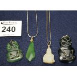 Jade pendant on chain, 2 tiki pendants and a Buddha pendant. (B.P. 24% incl.