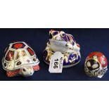 Three Royal Crown Derby bone china paperweights, all with gold stoppers to include frog, tortoise,